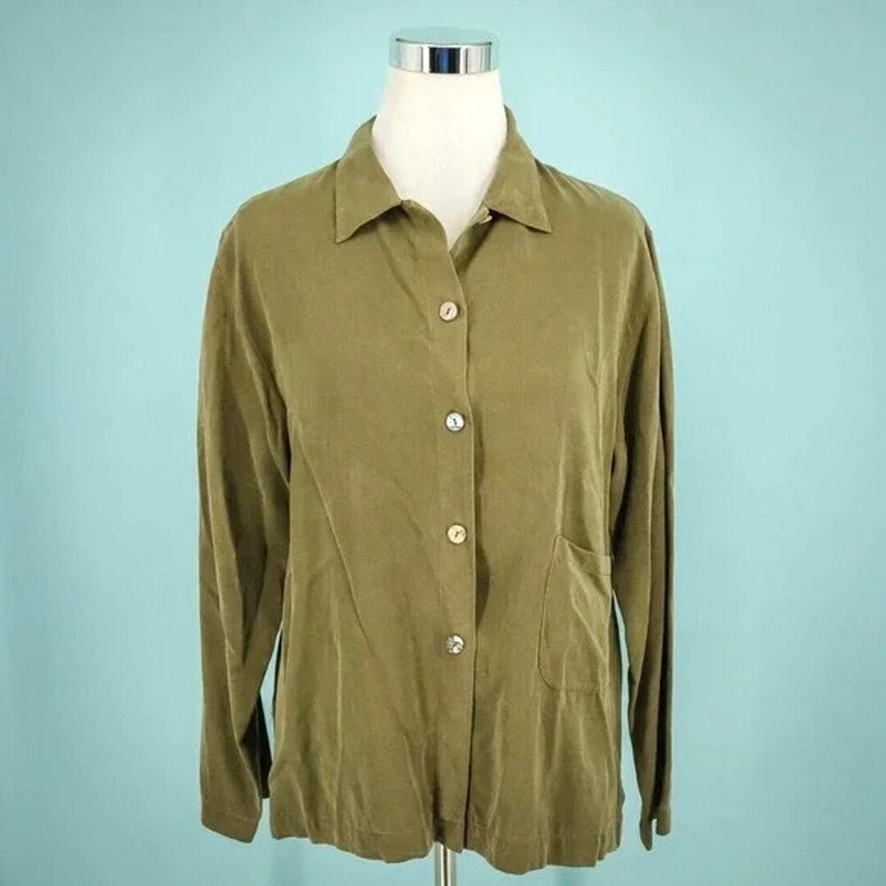 Gerties Size Medium M Green Collared Button Long Sleeve Boxy Artsy Lagenlook Top